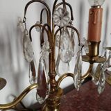 Pair of bronze girandoles with crystal pendants, two arms of lights.