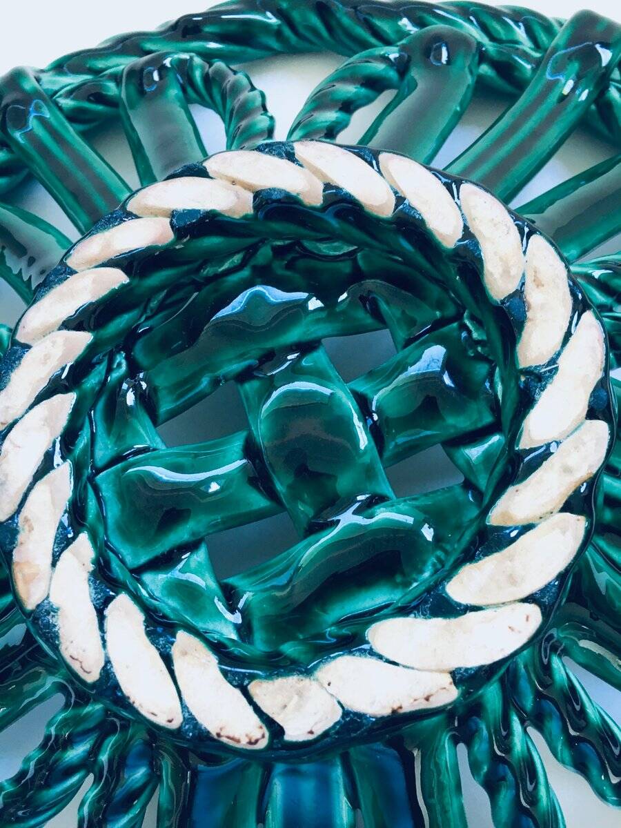 Mid-century Modern Art Ceramics Green Braided Woven Bowl by Vallauris, 1950s