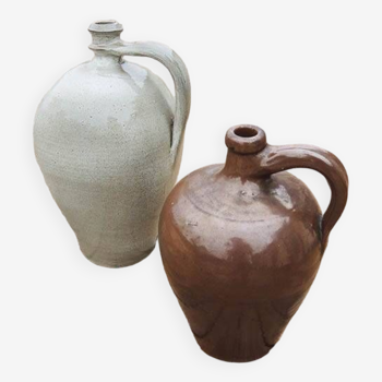 2 Old Calvados Jugs in Two-Tone Glazed Stoneware