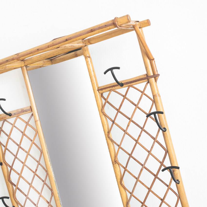 Vintage hall coat rack with mirror. Cane and metal. France, 1960s