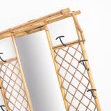 Vintage hall coat rack with mirror. Cane and metal. France, 1960s