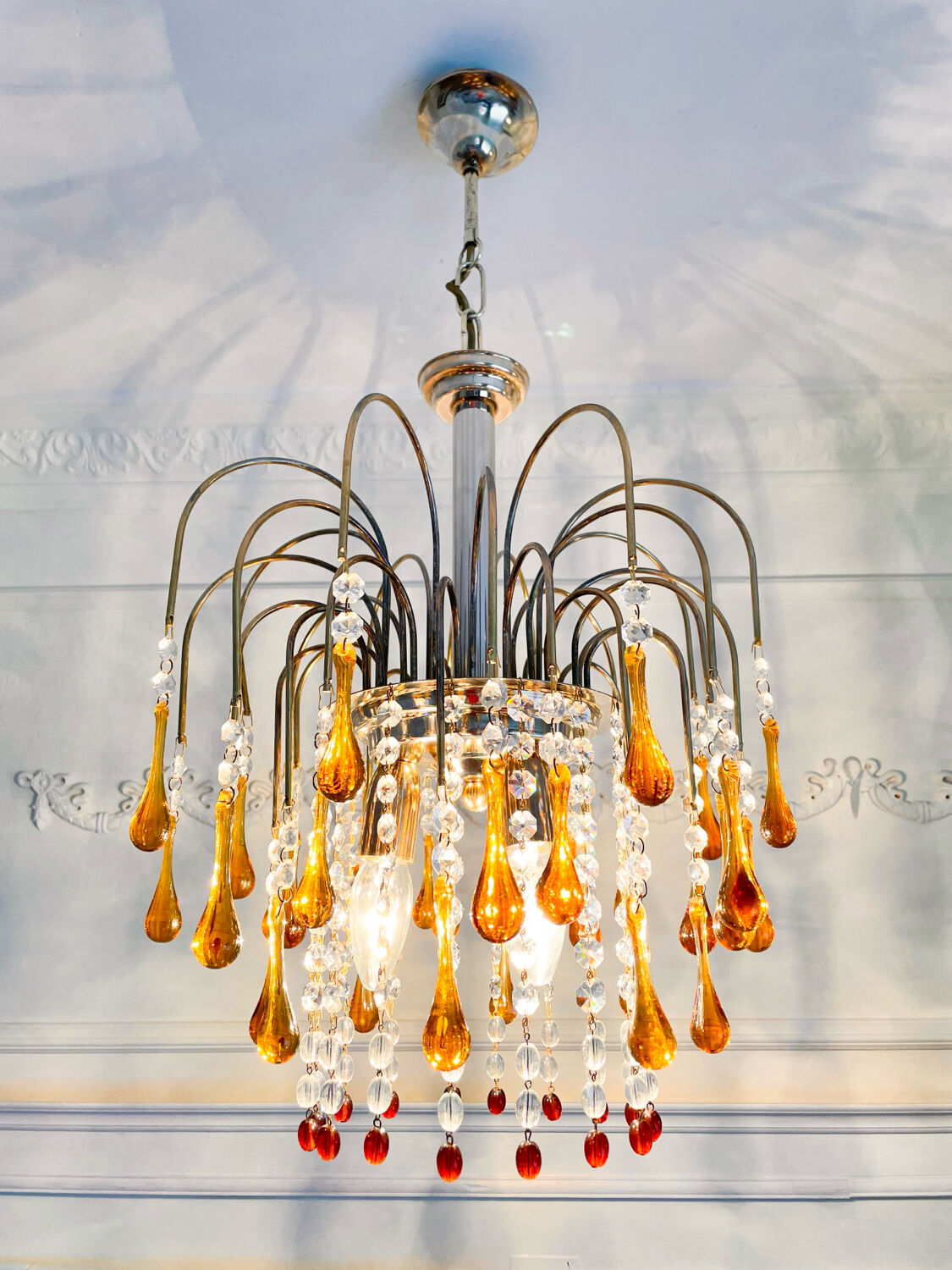 Lustre cascade Murano vintage en verre ambré et cristal, chandelier it