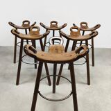 6 tabourets hauts en bois, Espagne milieu XXème