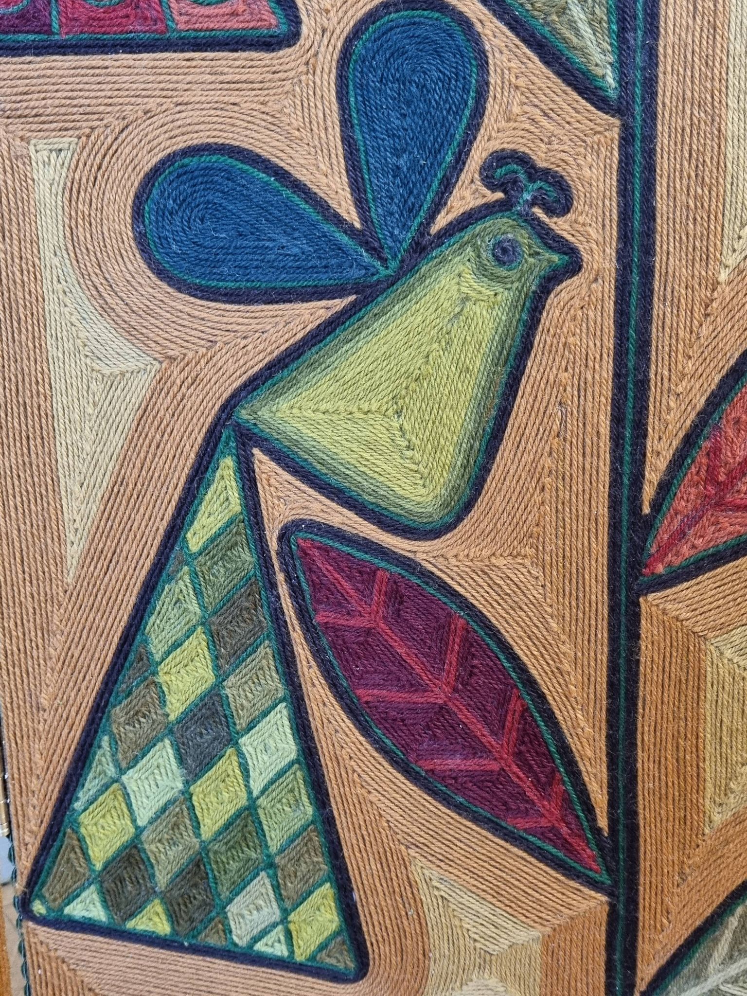 Screen decorated with wool threads, “Huichol” art, Sofia Ribeira, 124 cm