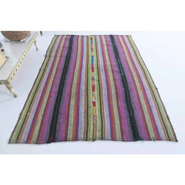 Vintage Turkish Hand-Knotted Wool Cotton Purple Kilim Area Rug 148x205