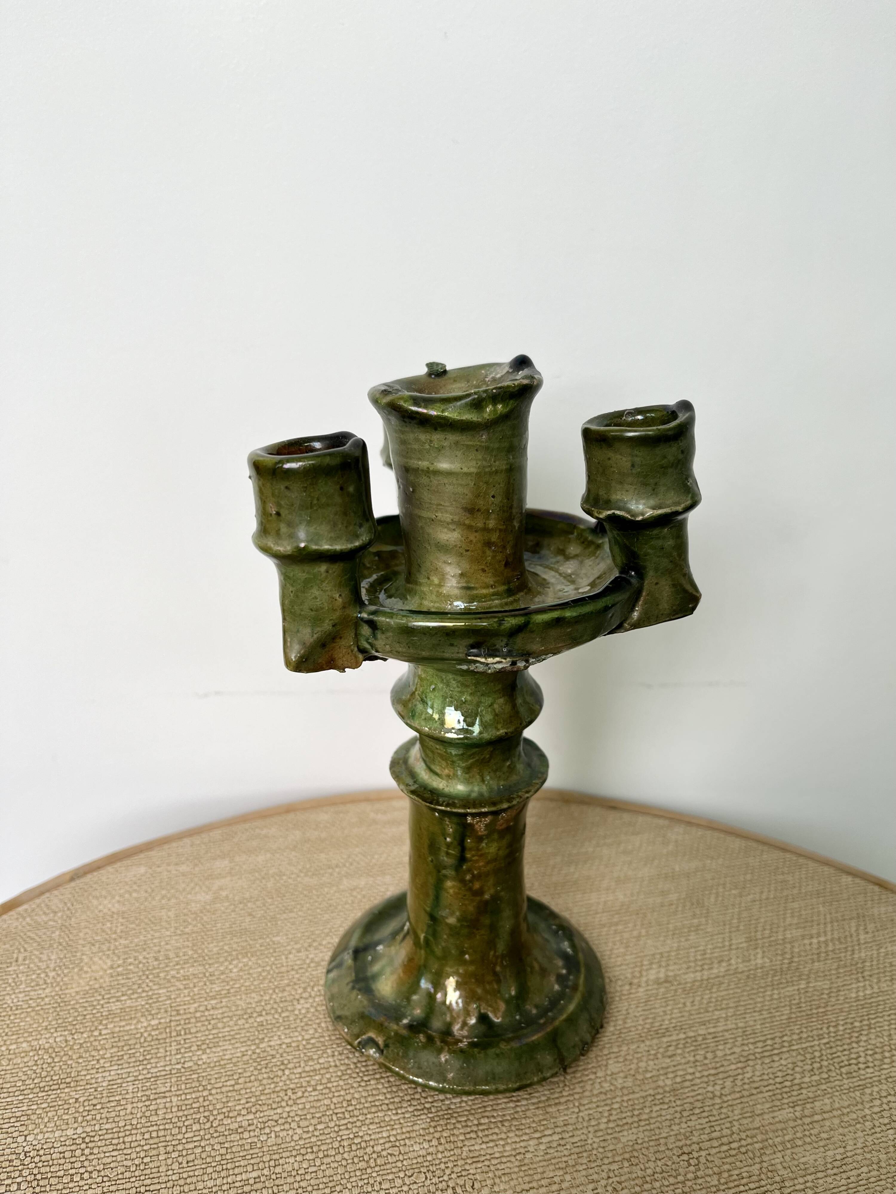Antique Tamegroute candle holder oil lamp pottery Morocco terracotta