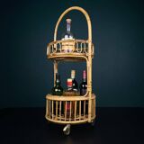 Vintage round service trolley in bamboo and rattan, 1960s