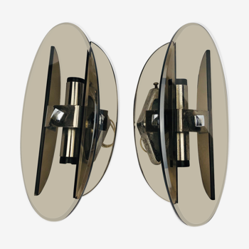 Pair of Veca sconces by Fontana Arte in smoked glass and chrome, 1970