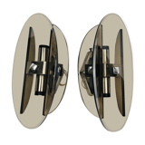 Pair of Veca sconces by Fontana Arte in smoked glass and chrome, 1970