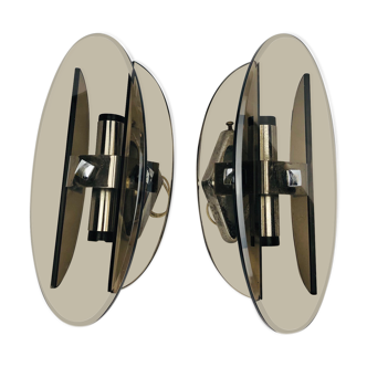 Pair of Veca sconces by Fontana Arte in smoked glass and chrome, 1970