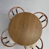 Round Oak Dining Table and Rattan Armchairs, Set of 5