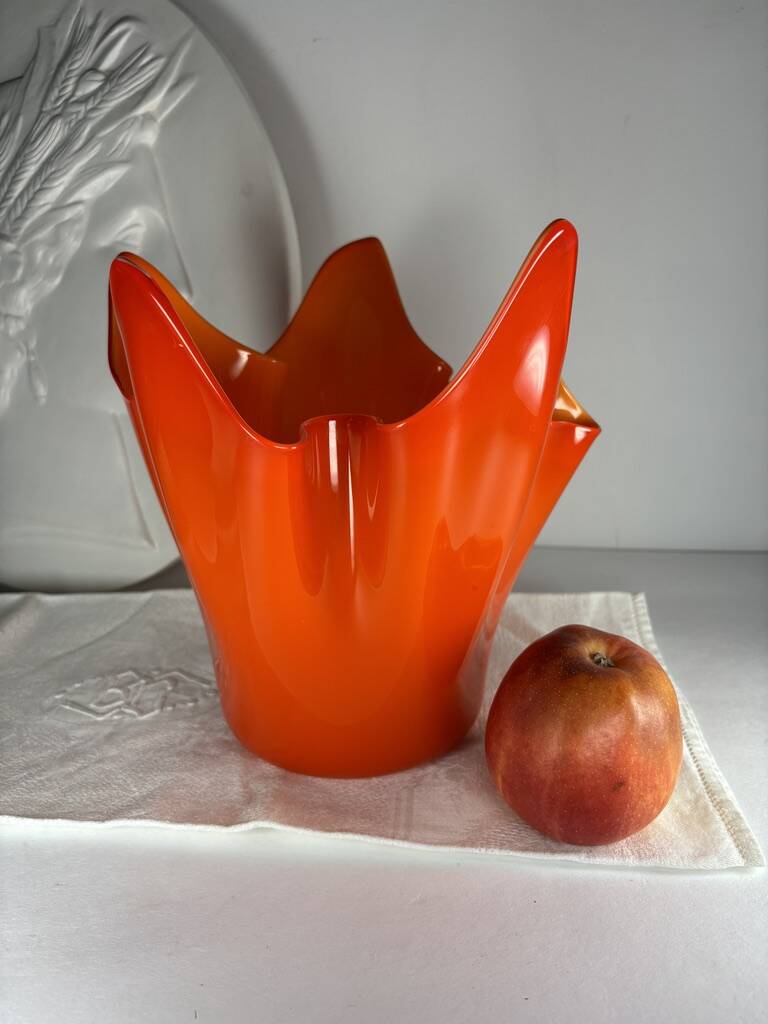 Murano orange handkerchief vase large 1970 Italy