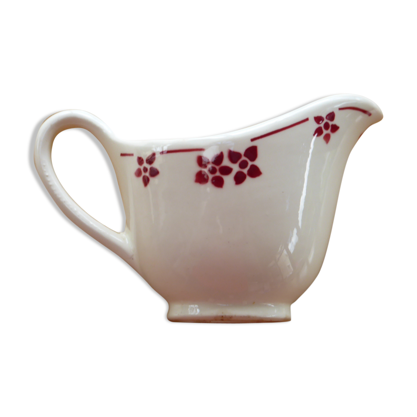 Sauciere in faience with red flowers, KG Luneville, France, Art Deco