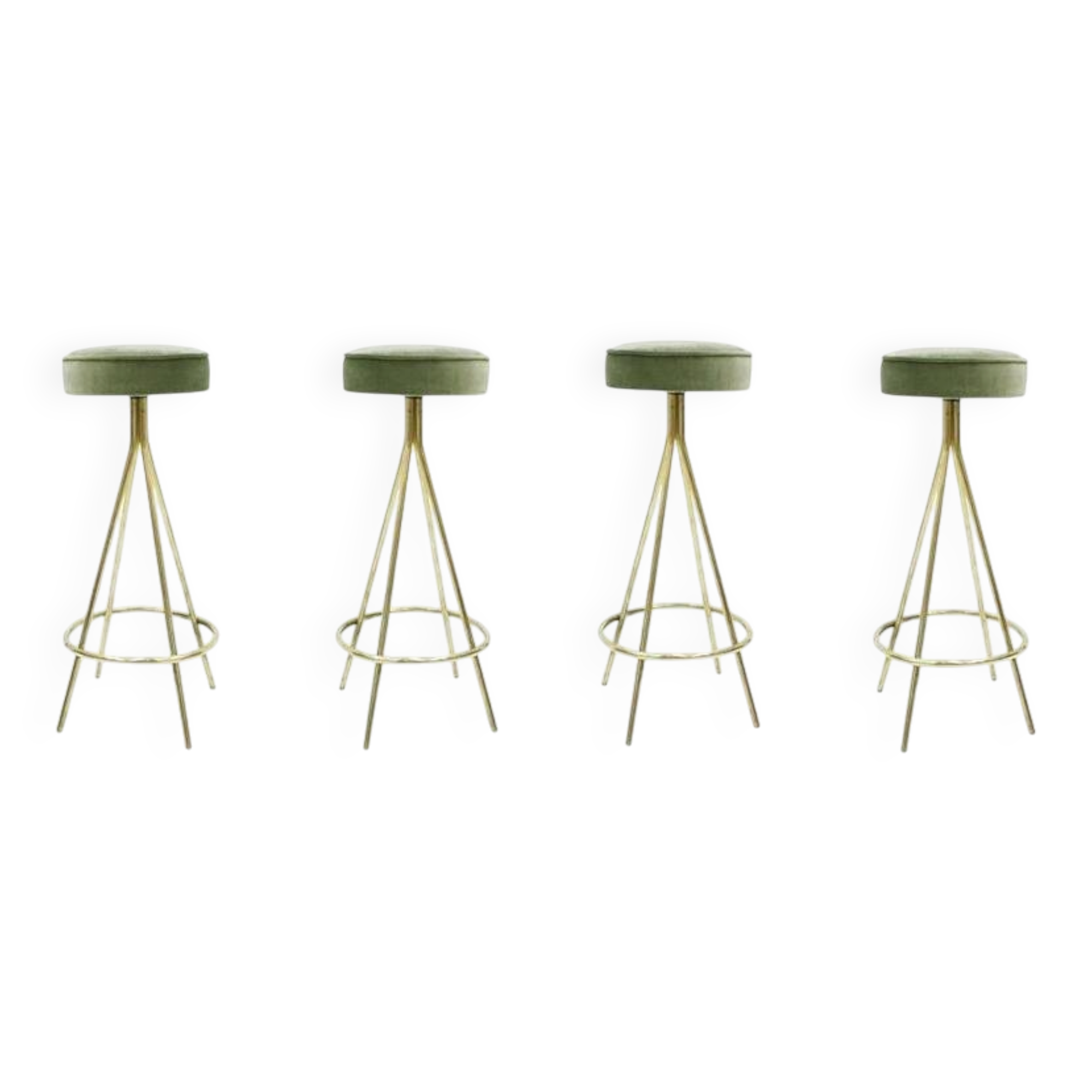 Midcentury Style Circular Brass and Cotton Velvet Italian Bar Stools