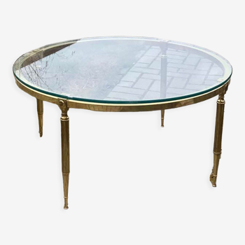 Table basse ronde en laiton avec plateau en verre, années 1970
