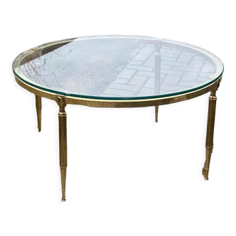 Table basse ronde en laiton avec plateau en verre, années 1970