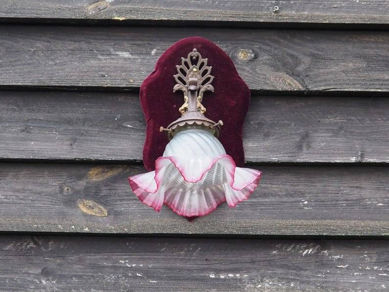 Art Nouveau Wall Sconce: French Metal, Opaline Rose Shade, C1950s