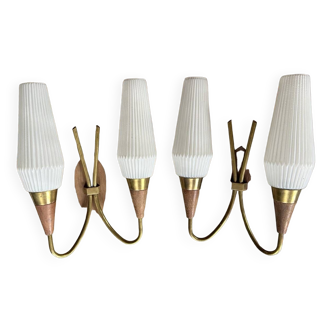 Pair of double wood, brass and opaline wall lights, Scandinavian spirit, vintage, 60s