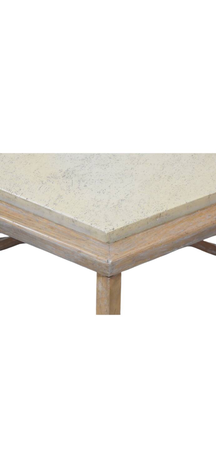 Pair of hexagonal side tables in cerused oak and travertine, attr