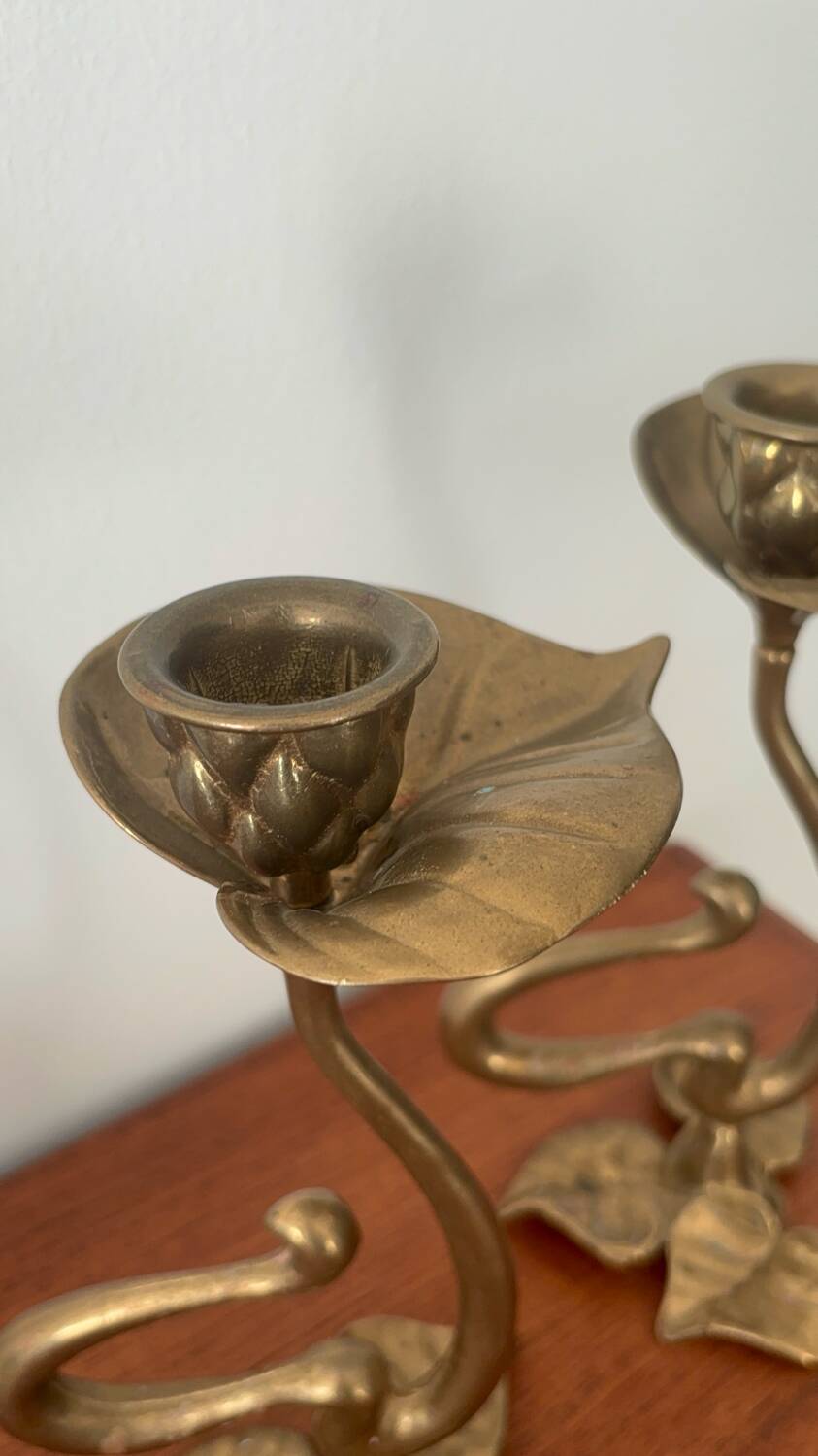 Set of 2 vintage candle holders bronze alloy – Metal flower candle holders gold