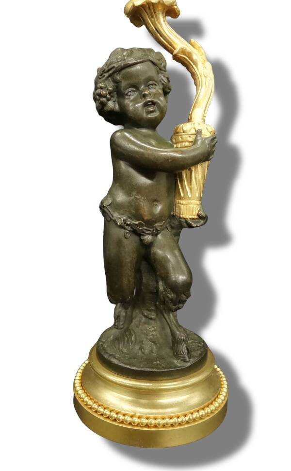 Faun lamp in Clodion style, Louis XVI, early 1900s - gilded and patinated bronze.