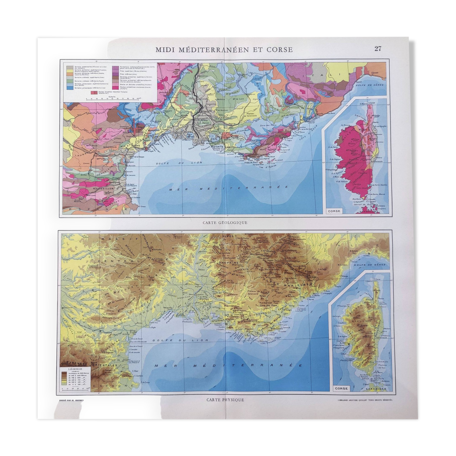 Corsica and southern Mediterranean France vintage map 43x43cm from 1950
