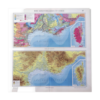 Carte Corse et méditerranée sud France vintage 43x43cm de 1950