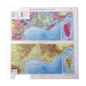 Vintage map of Corsica and southern Mediterranean France, 43x43cm from 1950.