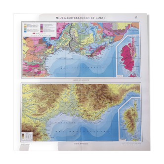 Corsica and southern Mediterranean France vintage map 43x43cm from 1950