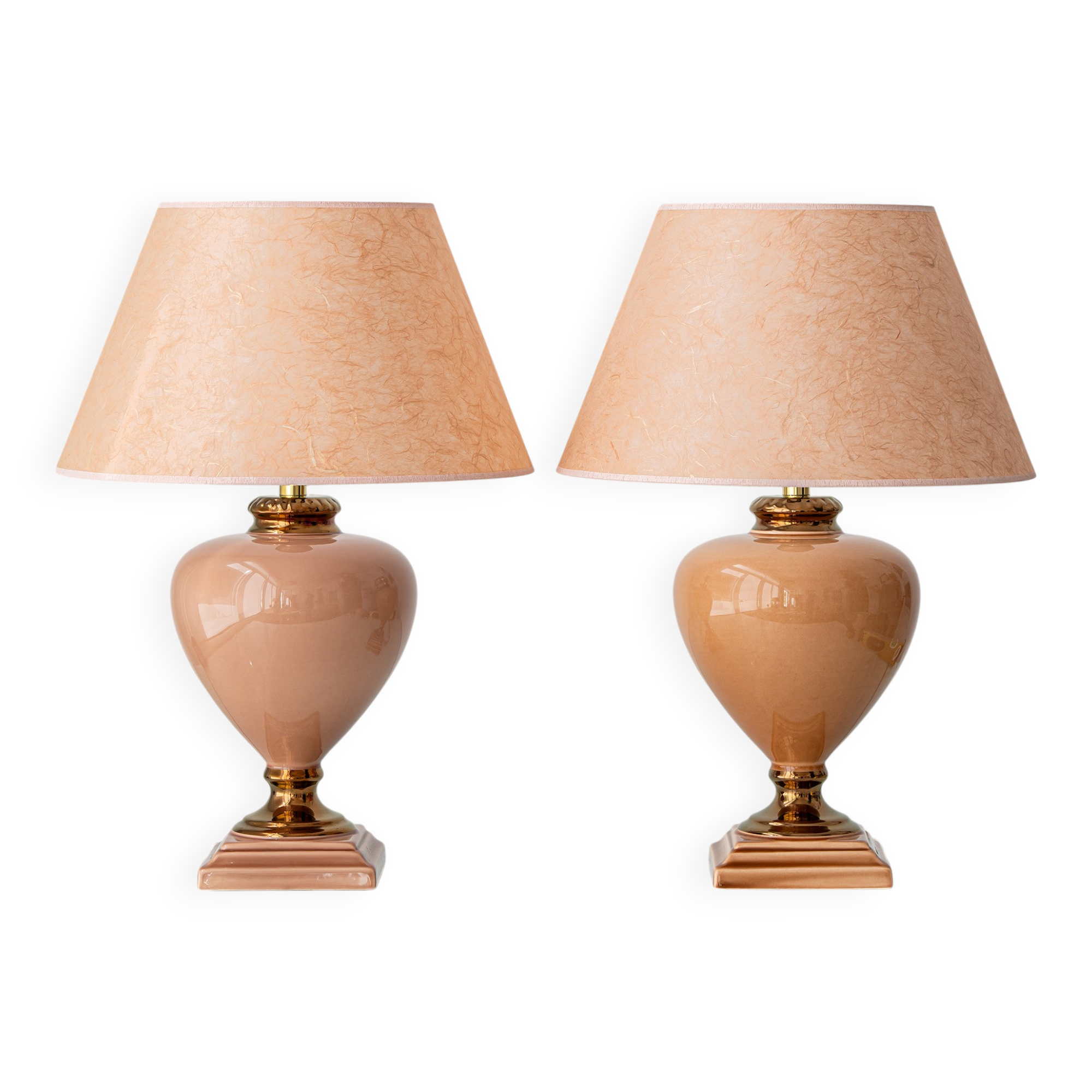 Pair of Salmon Pink Ceramic Table Lamps by Louis Drimmer, New Lampshades