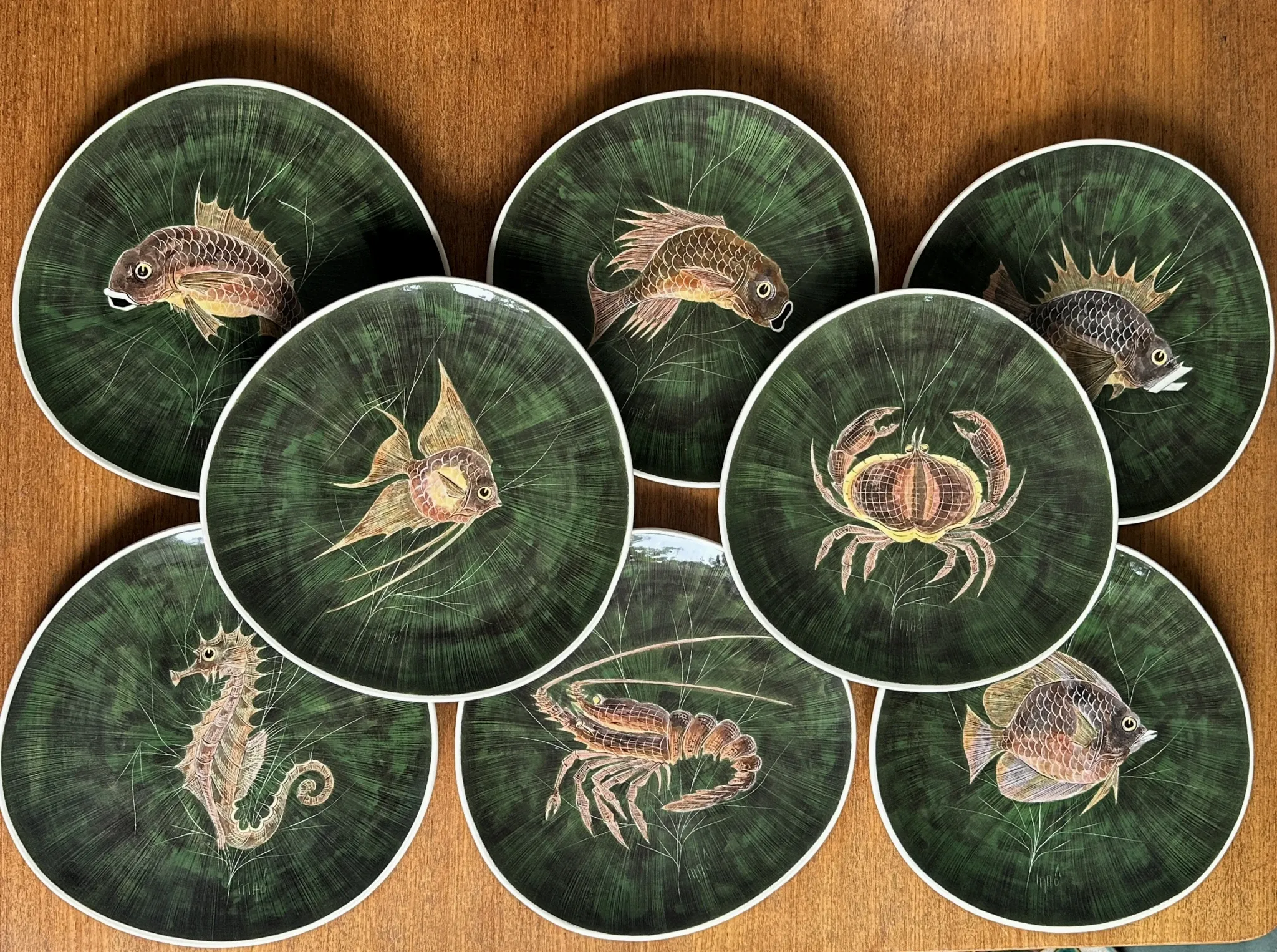 Fish service in glazed earthenware painted by hand signed Le Mao - 1960