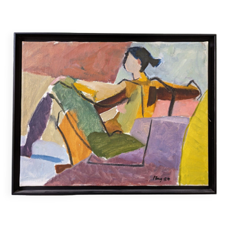 Peinture à l’huile figurative suédoise encadrée, « Louise » 1989