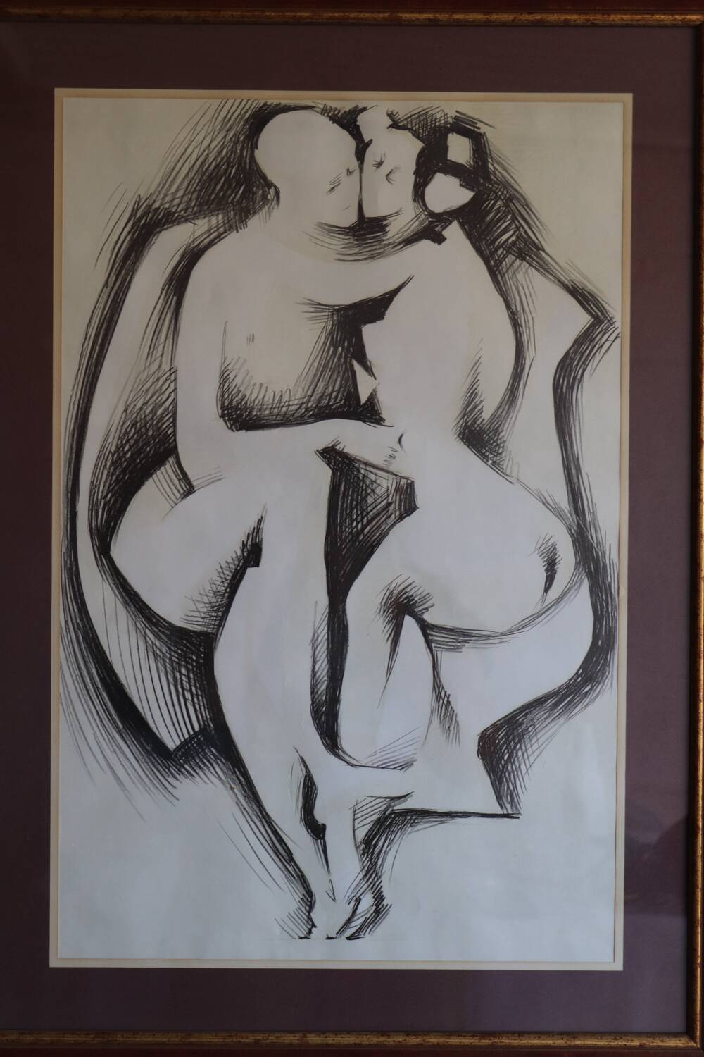 Large framed ink drawing – Embracing couple
