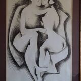 Large framed ink drawing – Embracing couple