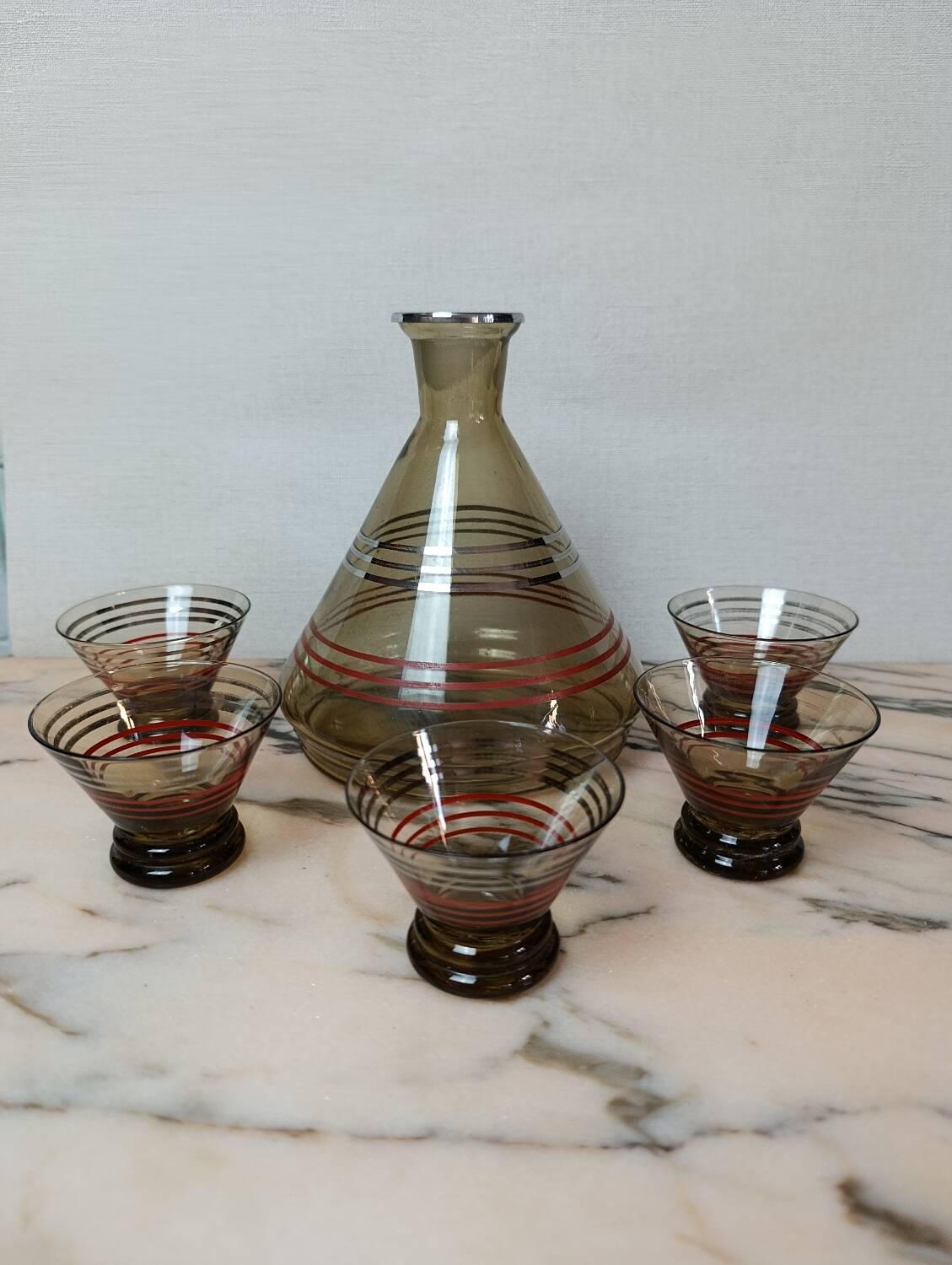 Art Deco liqueur service in smoked glass