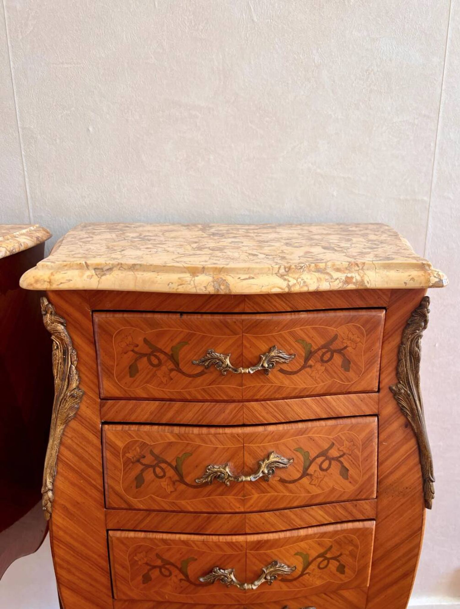 Pair of vintage French bedside tables, set of rosewood nightstands with marquetry.