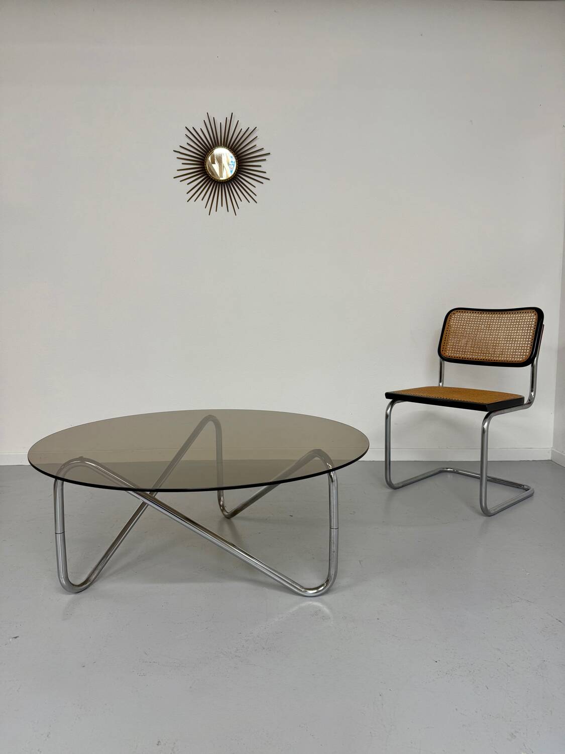 Tubular coffee table and smoked glass, French design, vintage 60s