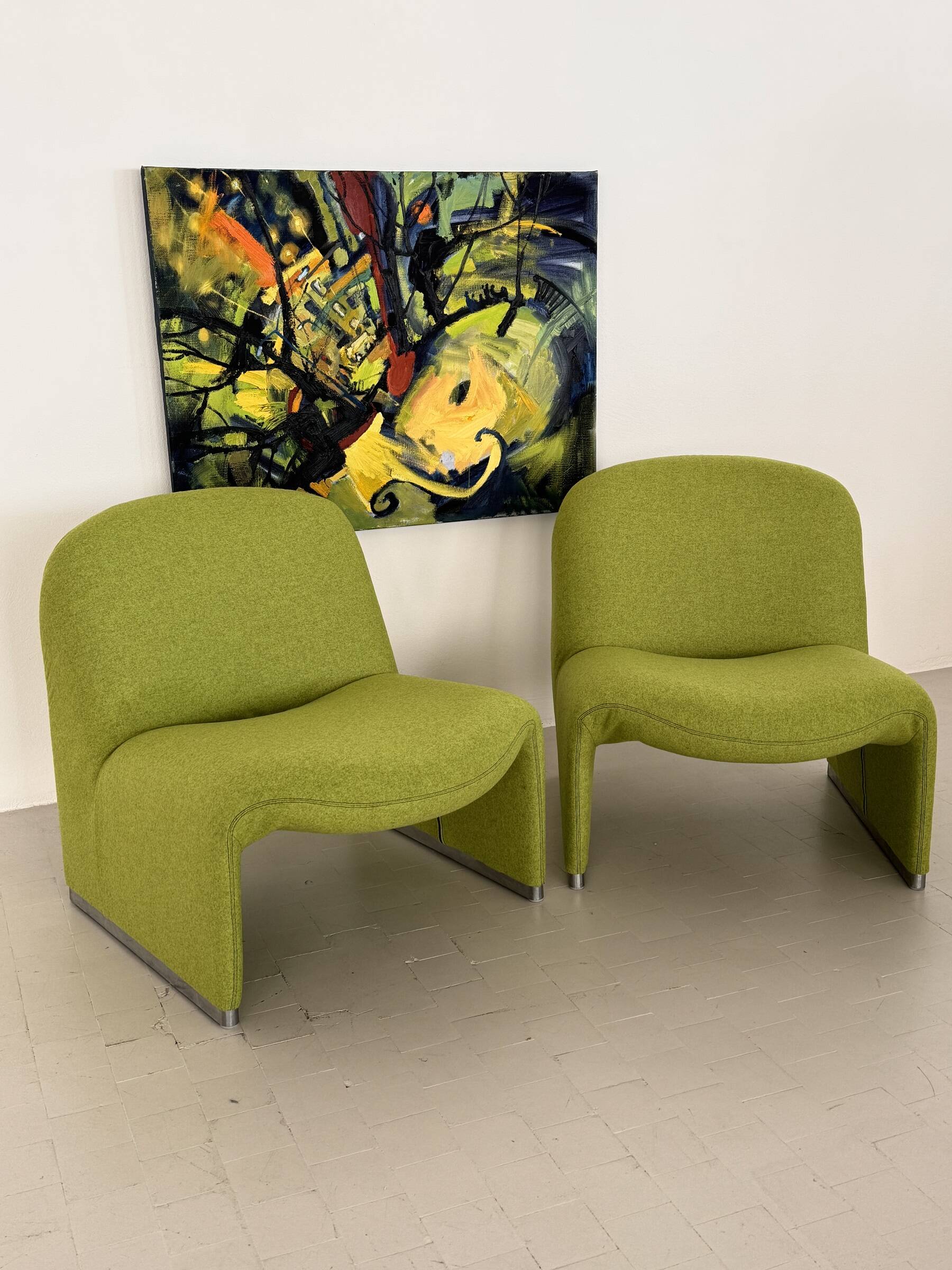 Giancarlo Piretti Alky Lounge Chairs in New Green Fabric, Set of 2
