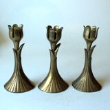 3 beautifull solid brass candle holders with floral motif, vintage from the 1960s