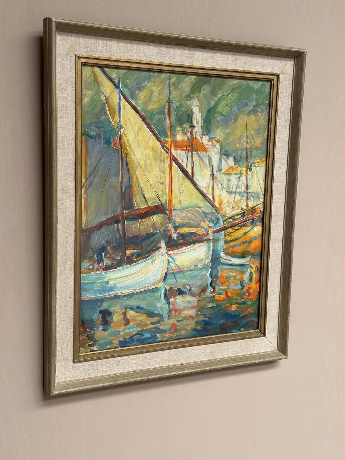 Huile sur panneau d'origine suédoise – « Motif de port » – Vintage et encadré sous verre