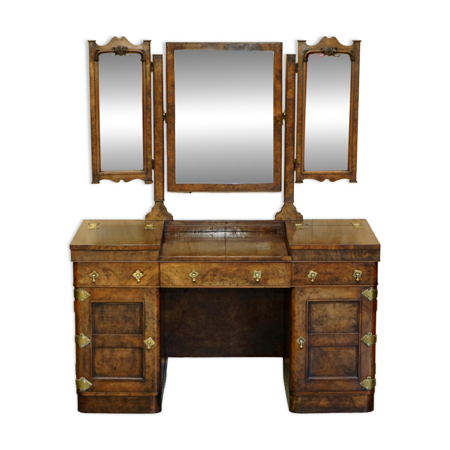 Table de toilette gothique en noyer Burr & Burl avec ferrures en laiton