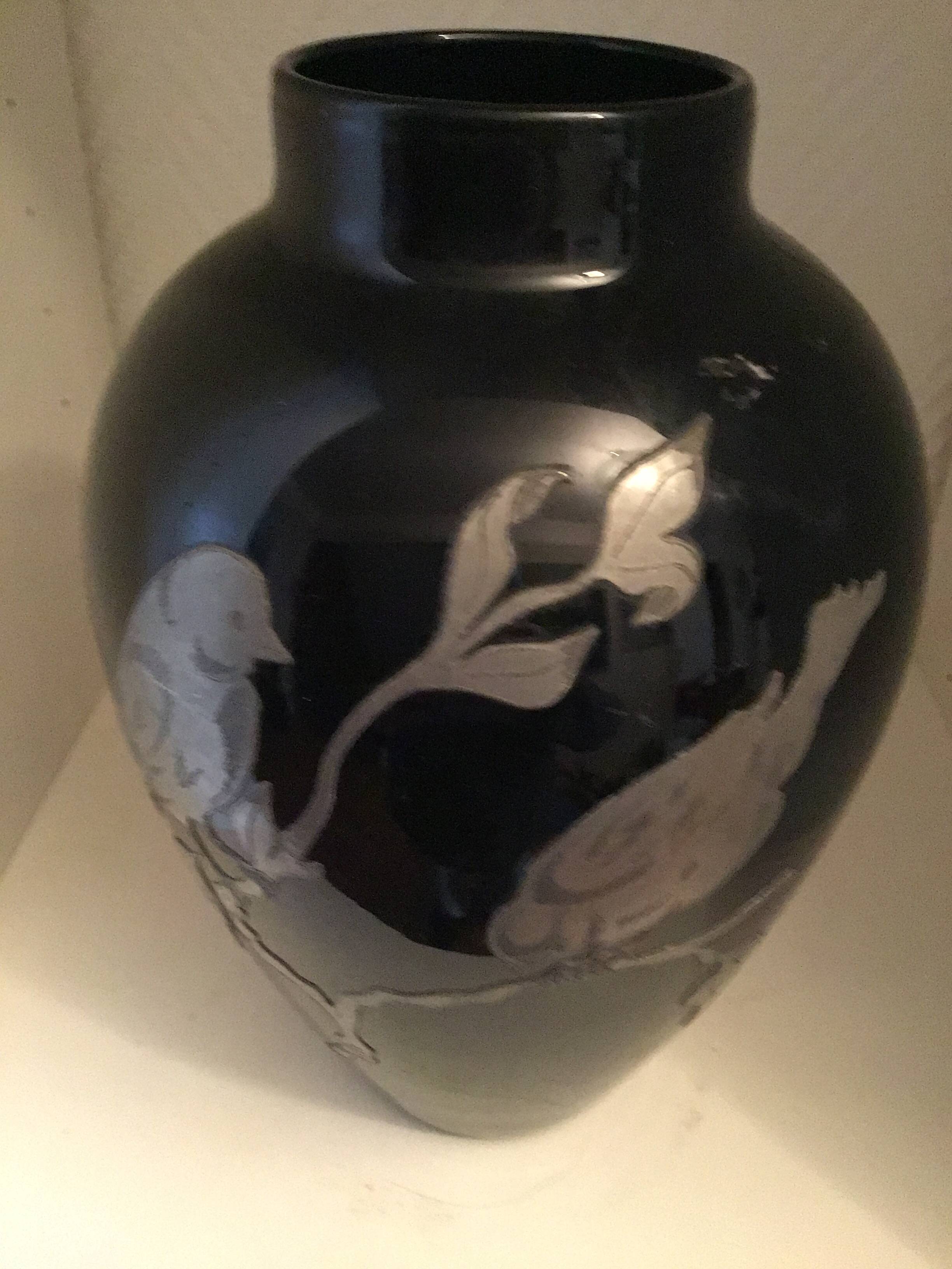 Black opaline vase with pewter branch and birds