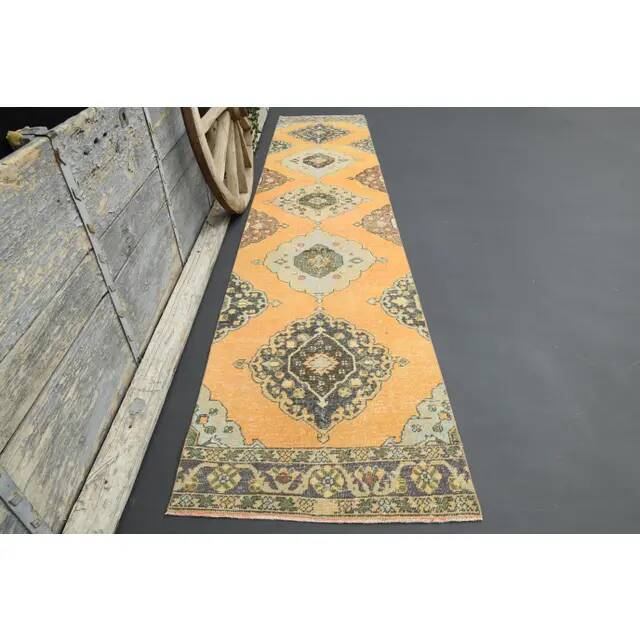 1970s Turkish Oushak Handmade Wool Cotton Orange Runner 98x171