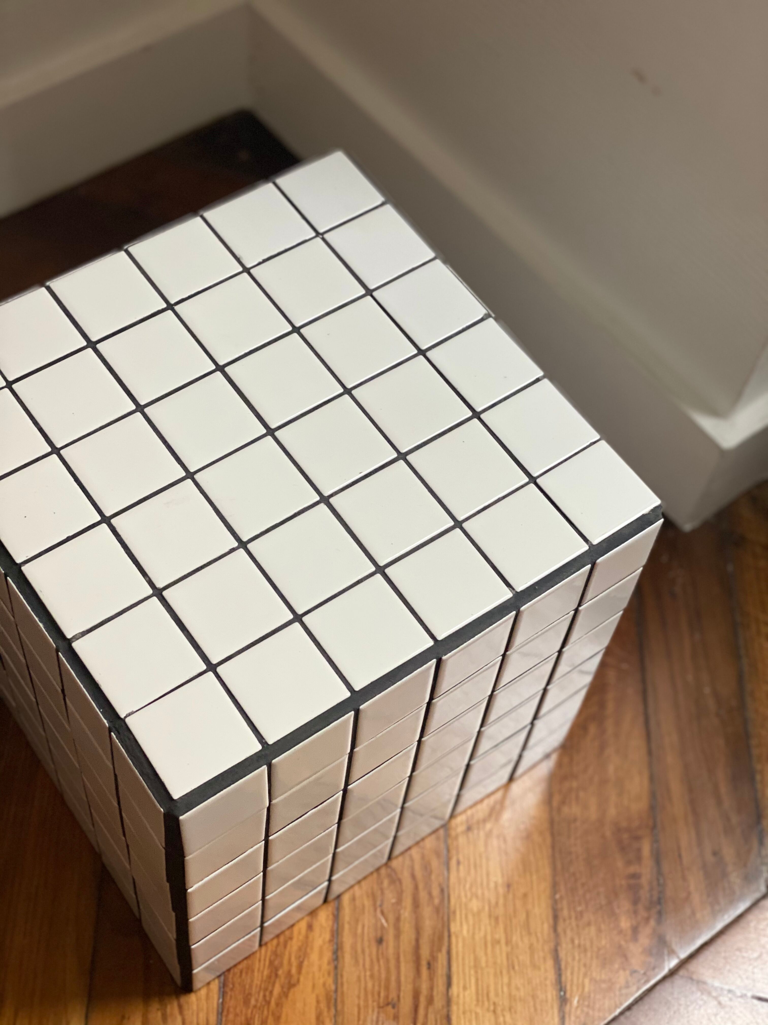 Checkerboard cube bedside table tiled white retro black tile