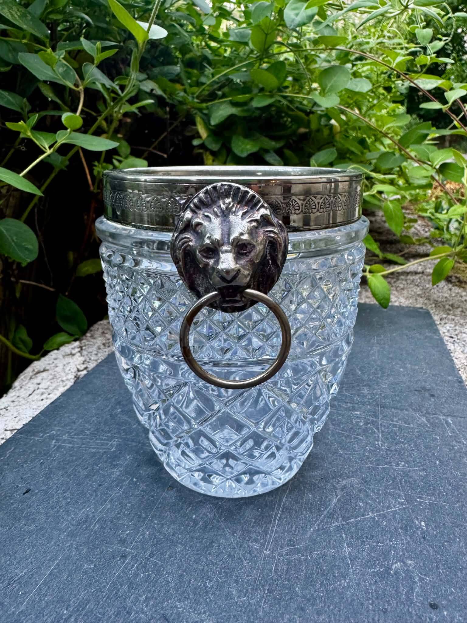 Val Lambert crystal and silver-plated ice bucket with hallmark from the 1950s.
