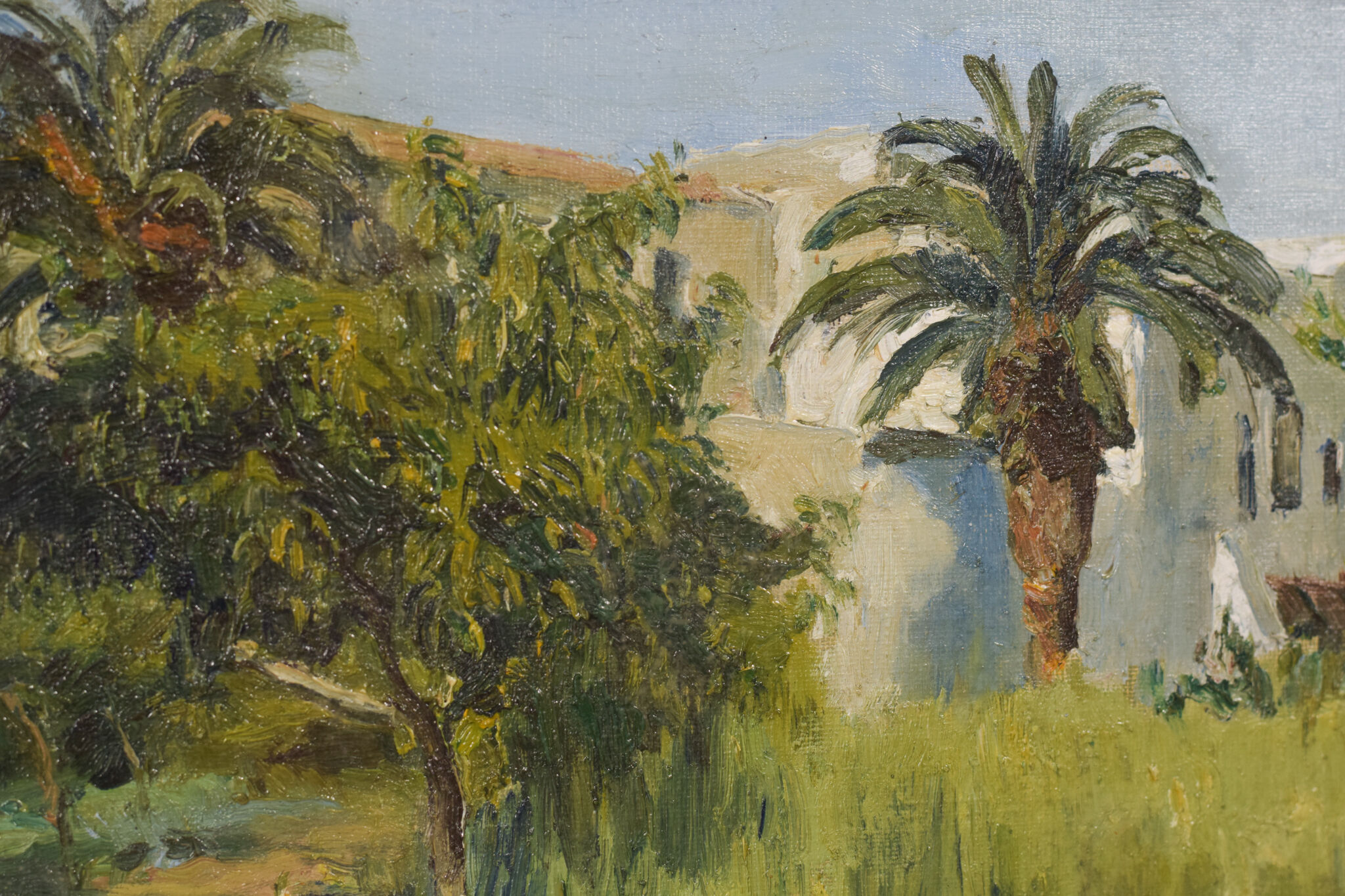 Impressionist oil of villa and palm trees