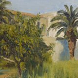 Impressionist oil of villa and palm trees