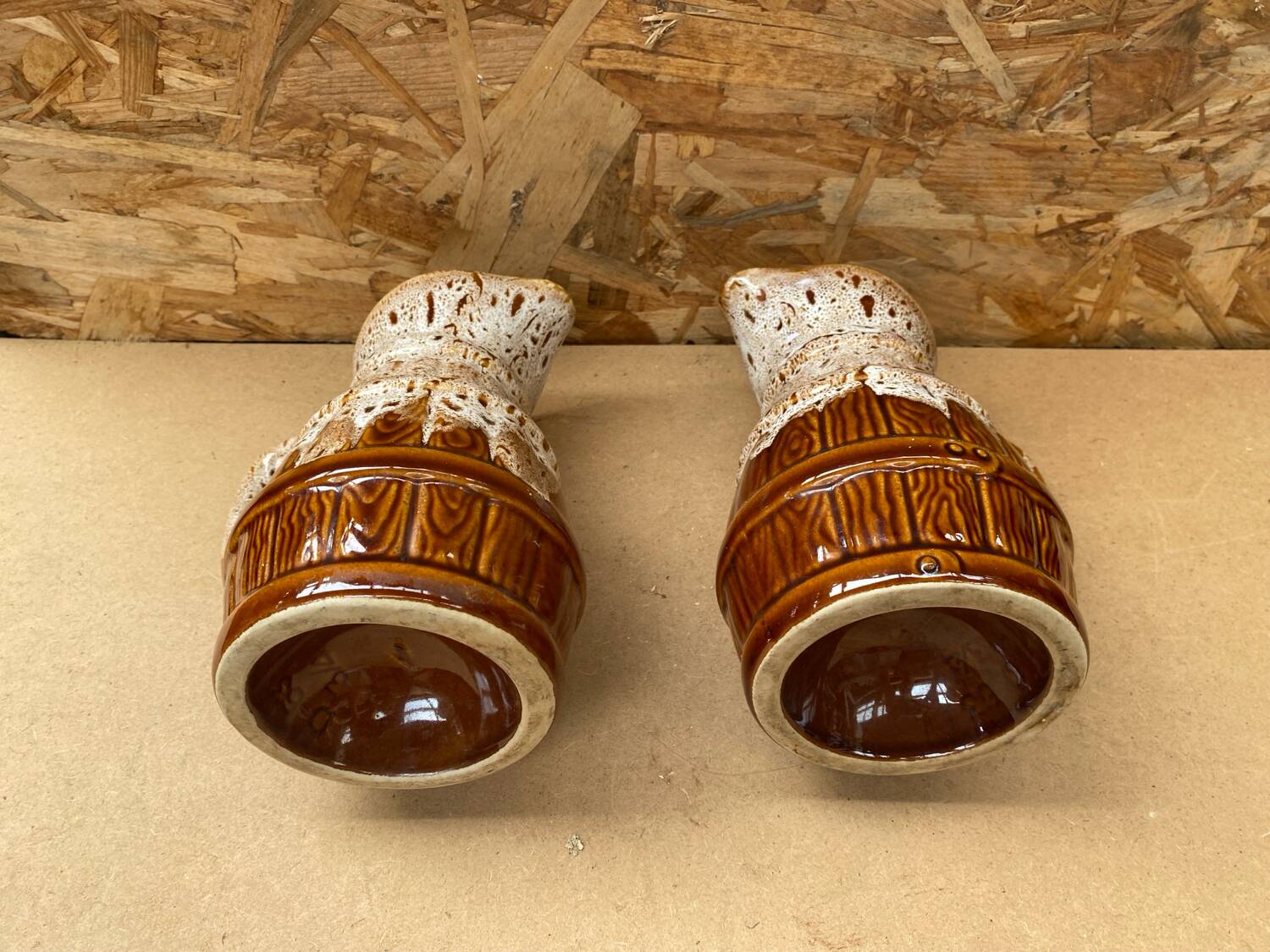 Pair Antique Brown Ceramic Barrel Shaped Pitchers Vintage