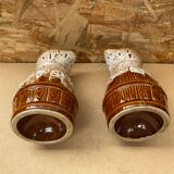 Pair Antique Brown Ceramic Barrel Shaped Pitchers Vintage