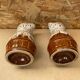 Pair Antique Brown Ceramic Barrel Shaped Pitchers Vintage